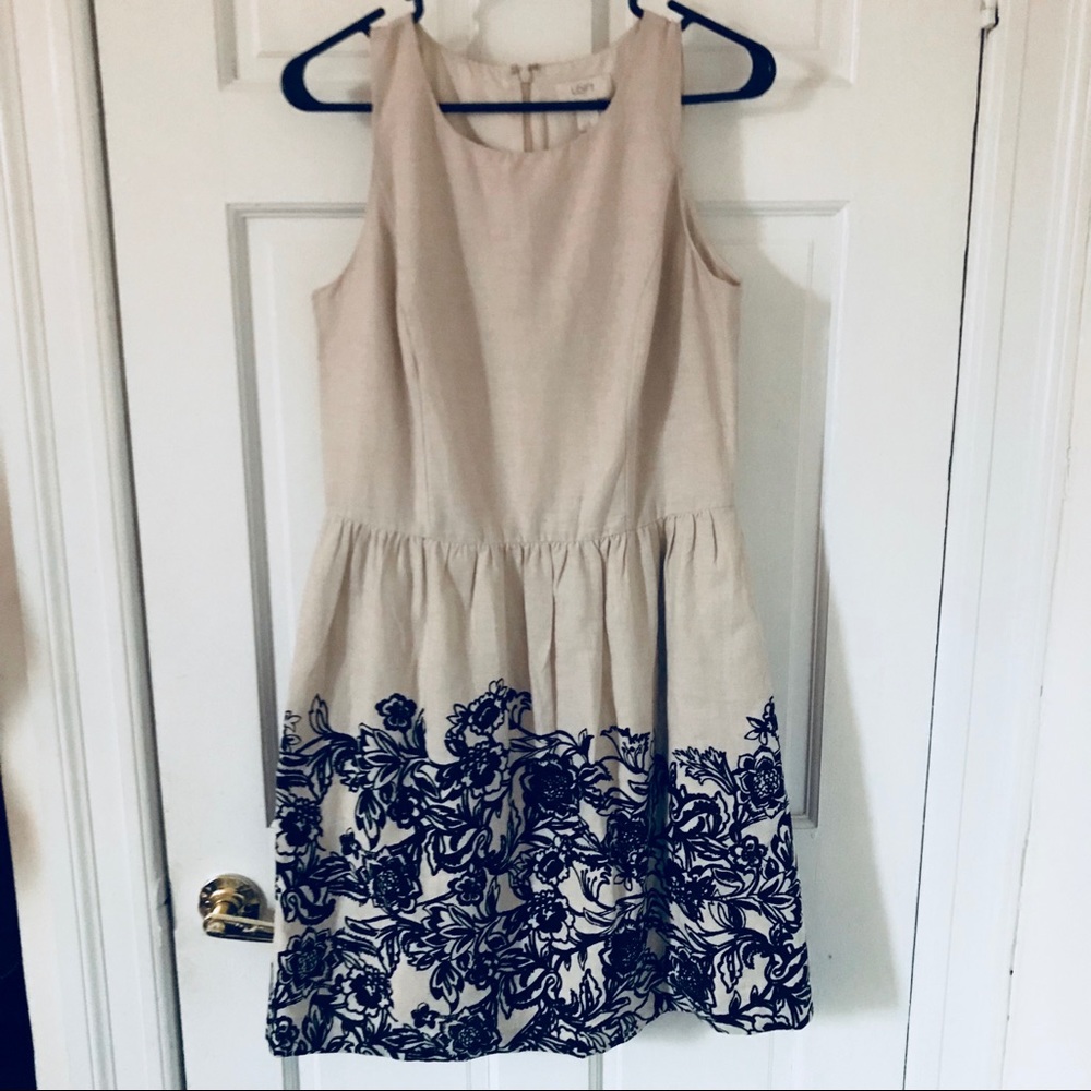 LOFT Cream Dress with Black Flower Hem